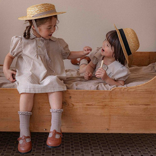 Bebe Noah Double-Button Dress Korean infant dress in beige check-deep beige contrast made in Korea