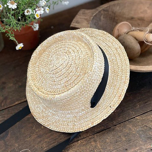 Enzo Black Ribbon Straw Hat Korean toddler accessory in light beige-black tape made in Korea