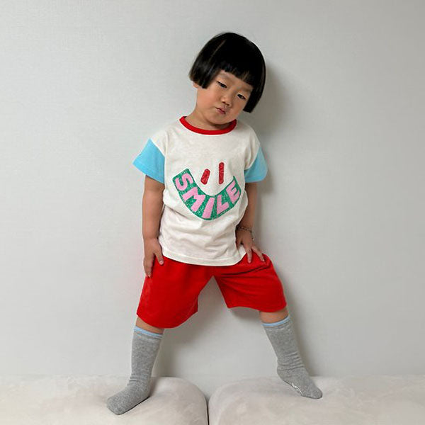 Smile Color-Block Short Sleeve Tee Korean toddler t-shirt in charcoal(neck color) made in Korea