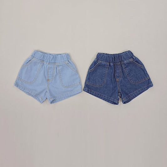 Denim Out-Pocket Shorts Korean toddler shorts in medium blue made in Korea