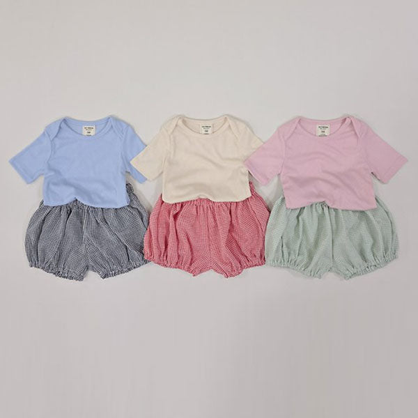 Pumpkin Checks Top & Bottom Set Korean toddler set in light sky blue made in Korea