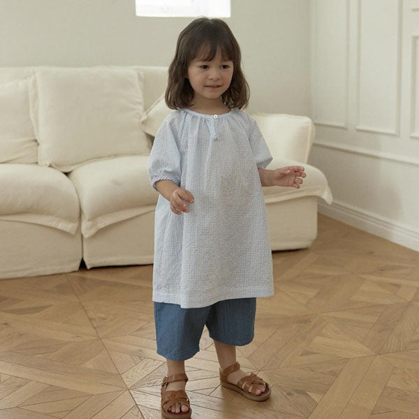 Pretty Shirred Binding Dress Korean toddler dress in sky blue made in Korea