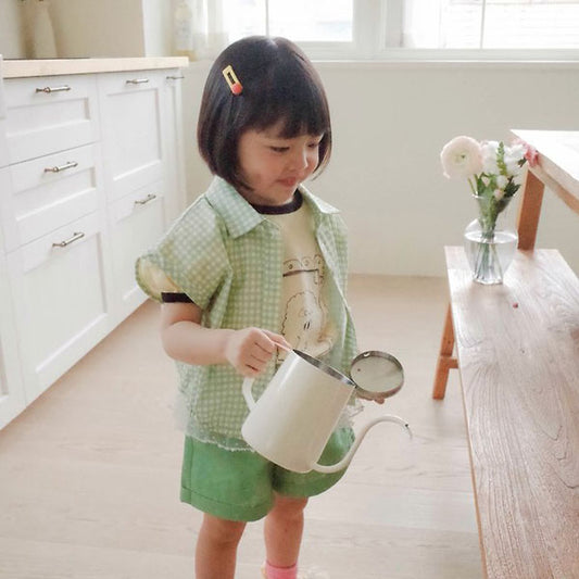 Check Cardigan Korean toddler sweater in green made in Korea