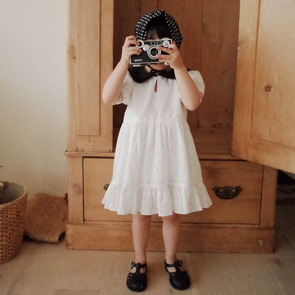 Collar Punching Dress Korean toddler dress in white made in Korea