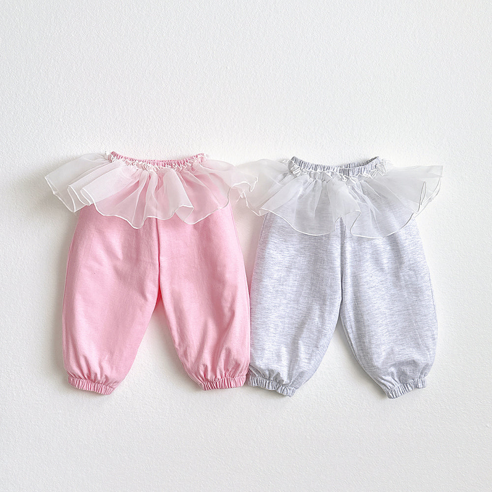 Summer Ruffle Chiffon Joggers Korean toddler pants in light heather made in Korea