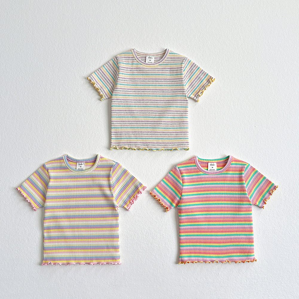 Rainbow Ribbed Lettuce-Edge Tee Korean toddler t-shirt in deep pink made in Korea