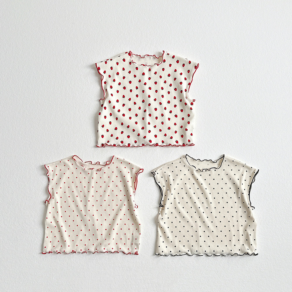 Strawberry Polka Dot Lettuce-Edge Tee Korean toddler t-shirt in red polka dot made in Korea