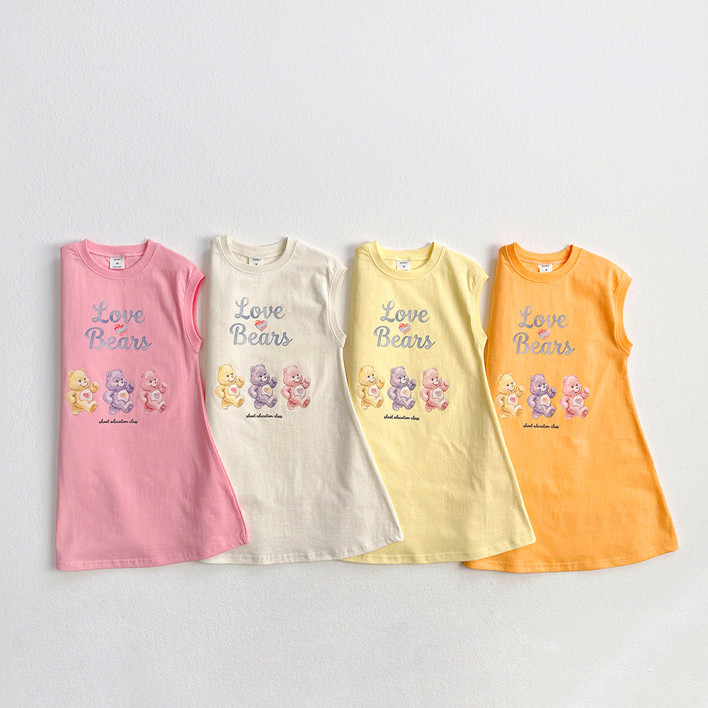 Colorful Bear Long Dress Korean toddler dress in cream made in Korea
