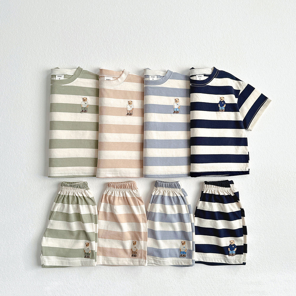 Bear Embroidered Stripe Short Sleeve Top & Bottom Set Korean toddler set in navy made in Korea
