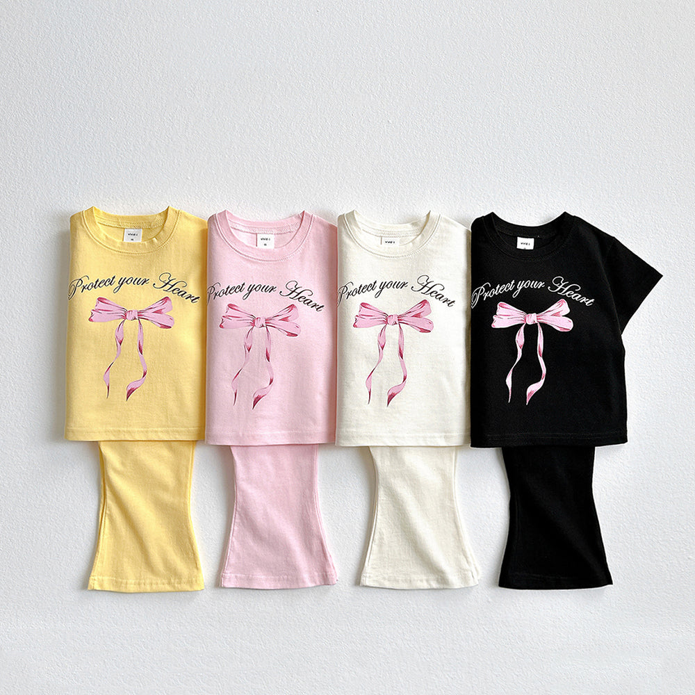 Ribbon Short Sleeve Flared Top & Bottom Set Korean toddler set in cream made in Korea