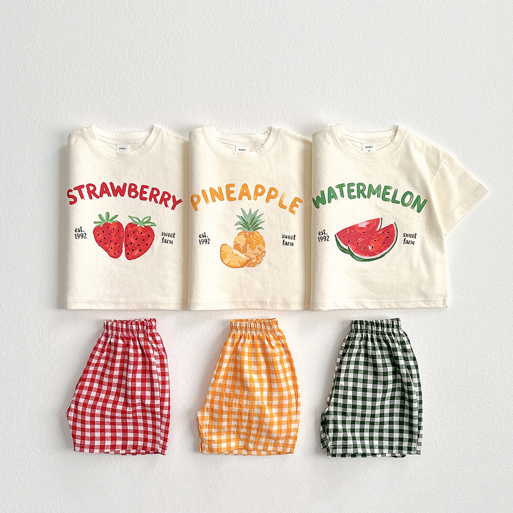 Checkered Fruit Top & Bottom Set Korean toddler set in strawberry made in Korea