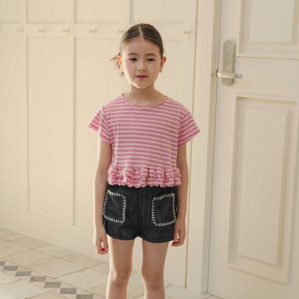 Stripe Ruffle Tee Korean toddler t-shirt in pink made in Korea