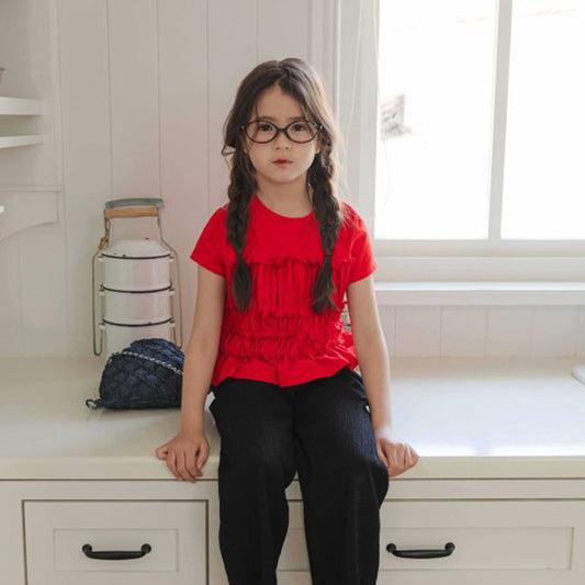 Ruffle Shirred Short Sleeve Tee Korean toddler t-shirt in cream made in Korea