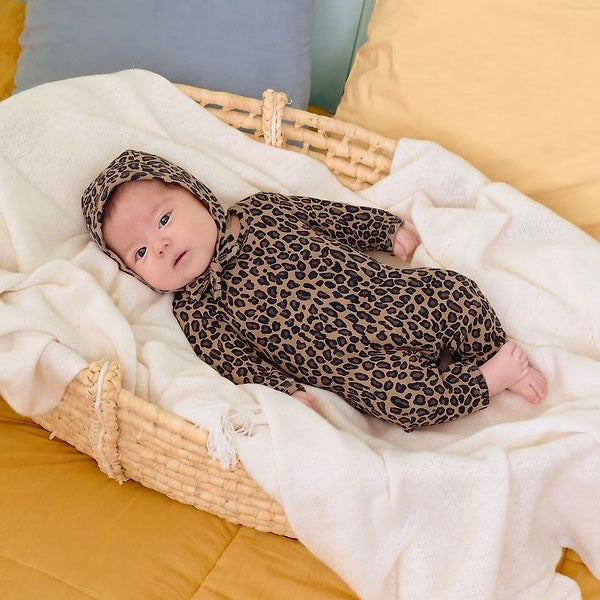 Little Leopard Full-Length Bodysuit & Bonnet Set Korean infant bodysuit in brown made in Korea