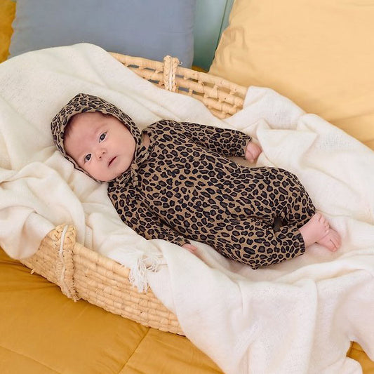 Little Leopard Full-Length Bodysuit & Bonnet Set Korean infant bodysuit in brown made in Korea