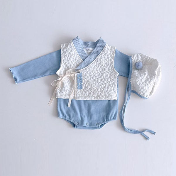 Bebe Pom Pom Boy Hanbok Bodysuit, Vest & Bonnet Set Korean infant bodysuit in solid color made in Korea