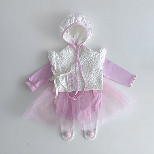 Bebe Ruffle Girl Hanbok Vest, Bodysuit & Ruffle Bonnet Set Korean infant bodysuit in solid color made in Korea