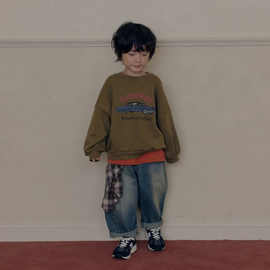Curve Denim Korean toddler pants in medium blue made in Korea