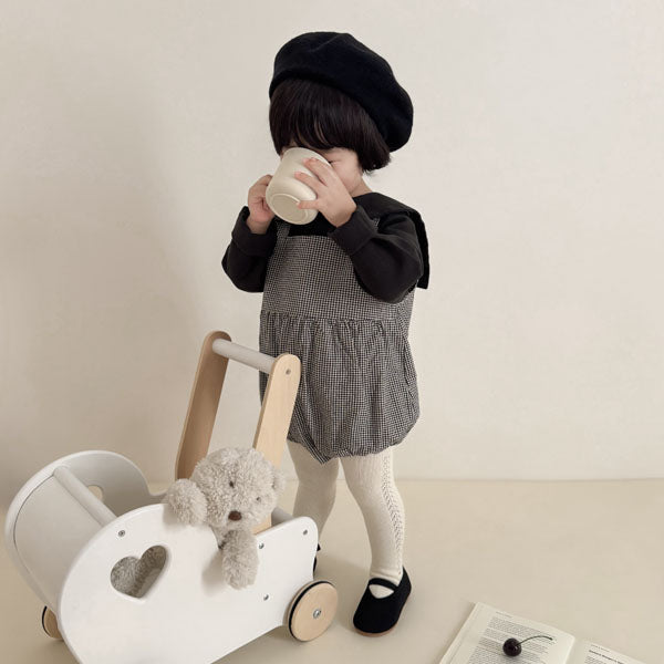 Check Overall Bodysuit Korean infant bodysuit in beige made in Korea