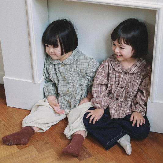 Petite Ruffle Blouse Korean infant blouse in mint check made in Korea