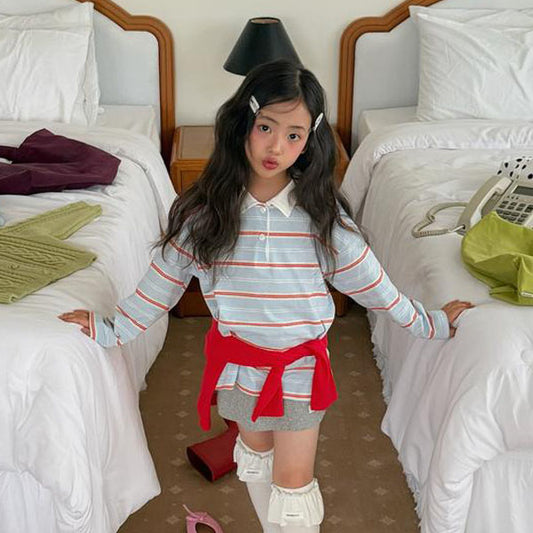 Milky Stripe Collar Tee Korean toddler t-shirt in sky made in Korea