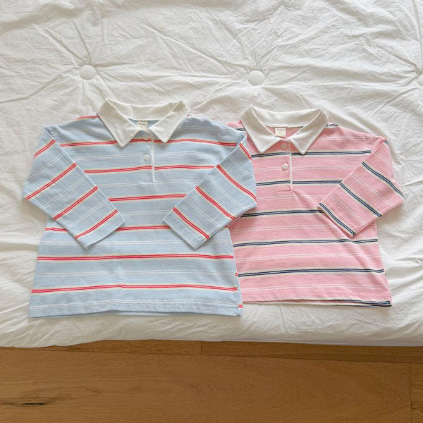 Milky Stripe Collar Tee - Adult Korean kids t-shirt in sky made in Korea