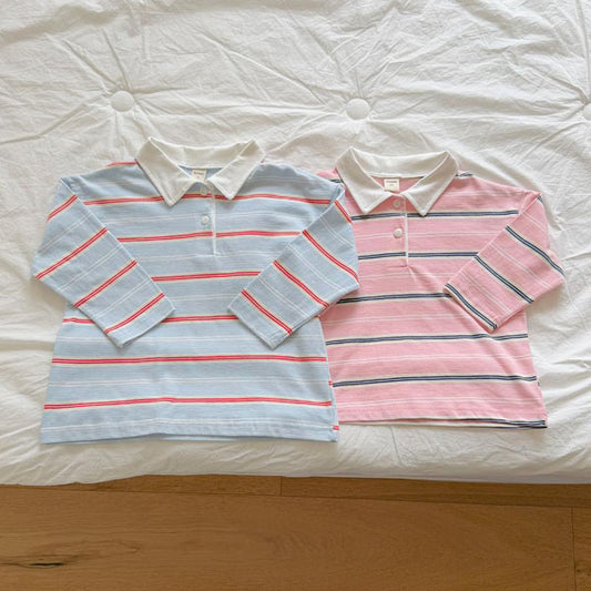 Milky Stripe Collar Tee - Adult Korean kids t-shirt in sky made in Korea