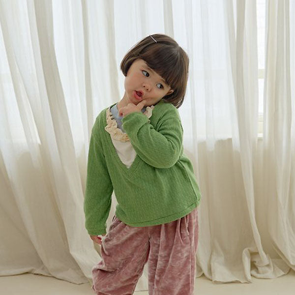 Deep V-Neck Ruffle Knit Top Korean toddler sweater in orange made in Korea