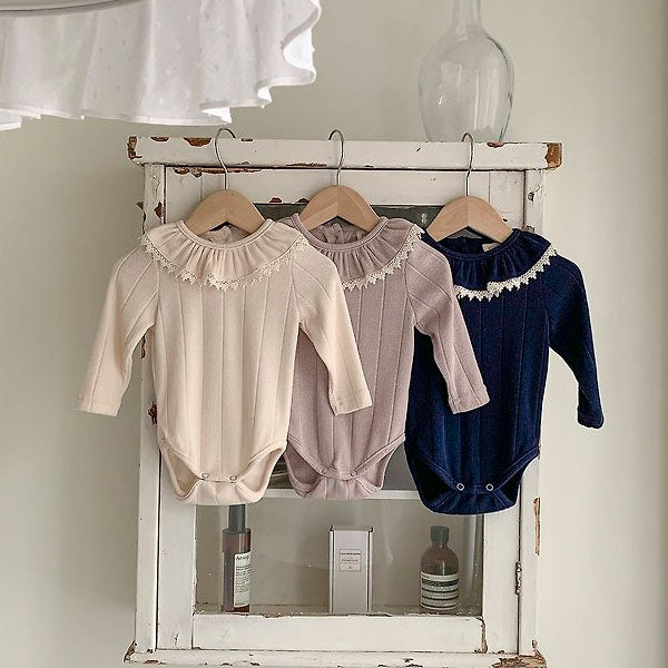 Via Ruffle Bodysuit Korean infant bodysuit in cream made in Korea