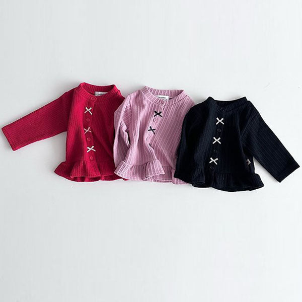 Ruffle Ribbon Cardigan Korean infant sweater in black made in Korea
