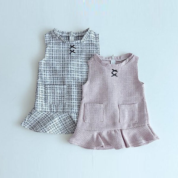 Ribbon Tweed Dress Korean infant dress in ivory-black made in Korea
