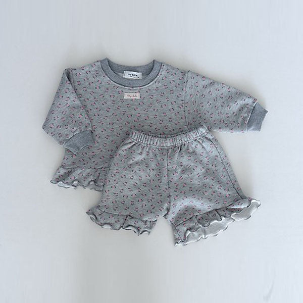 Soft French Terry Ruffle Set Korean infant set in heather(floral pattern) made in Korea