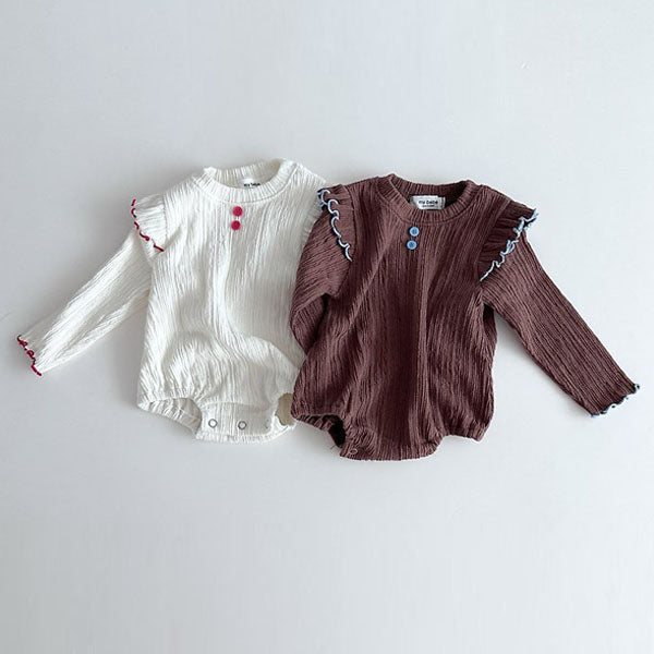 Autumn Double Lettuce-Edge Bodysuit Korean infant bodysuit in ivory made in Korea
