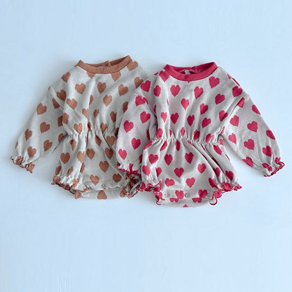 Color-Block Heart Banding Bodysuit Korean infant bodysuit in brown made in Korea
