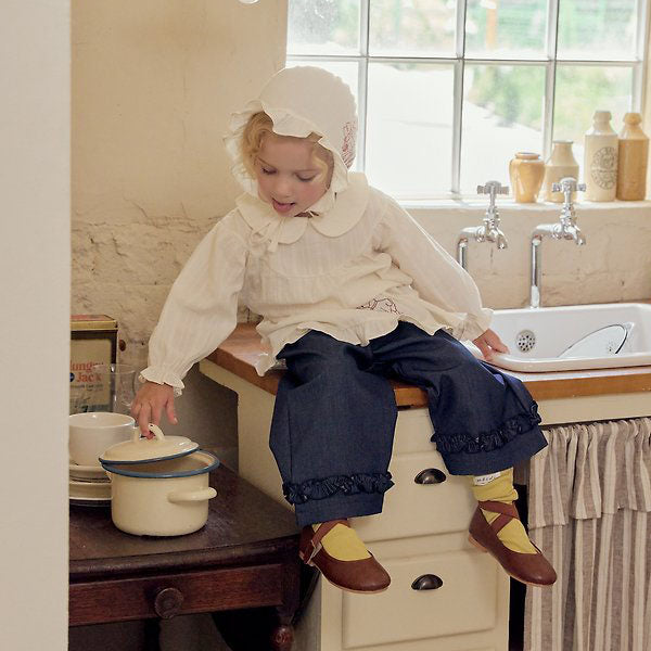 Jean Ruffle Pants Korean infant pants in cream made in Korea