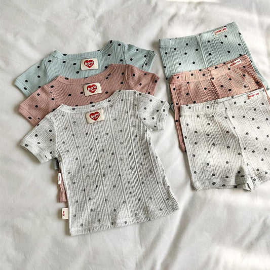 Polka Dot Eyelet Loungewear Korean infant loungewear in blue made in Korea