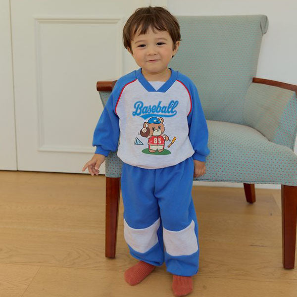 Bebe V-Neck Baseball Top & Bottom Set Korean infant set in blue made in Korea